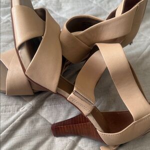 Neutral Tan Strappy Block Heel Sandals - Women's